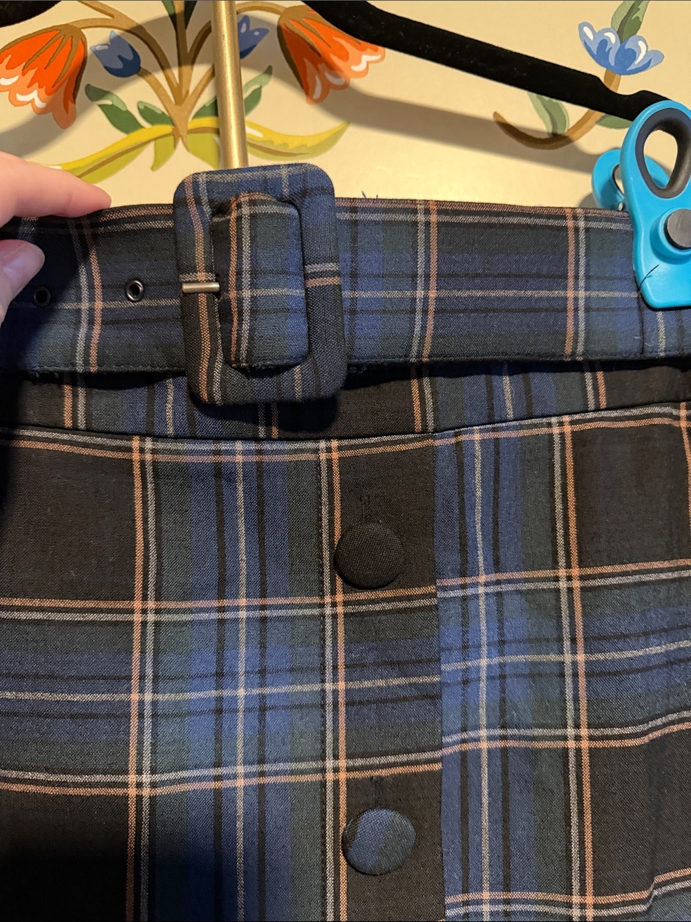 Anthropologie Blue Plaid Button-Front Mini Skirt with Belt - Picture 3 of 5